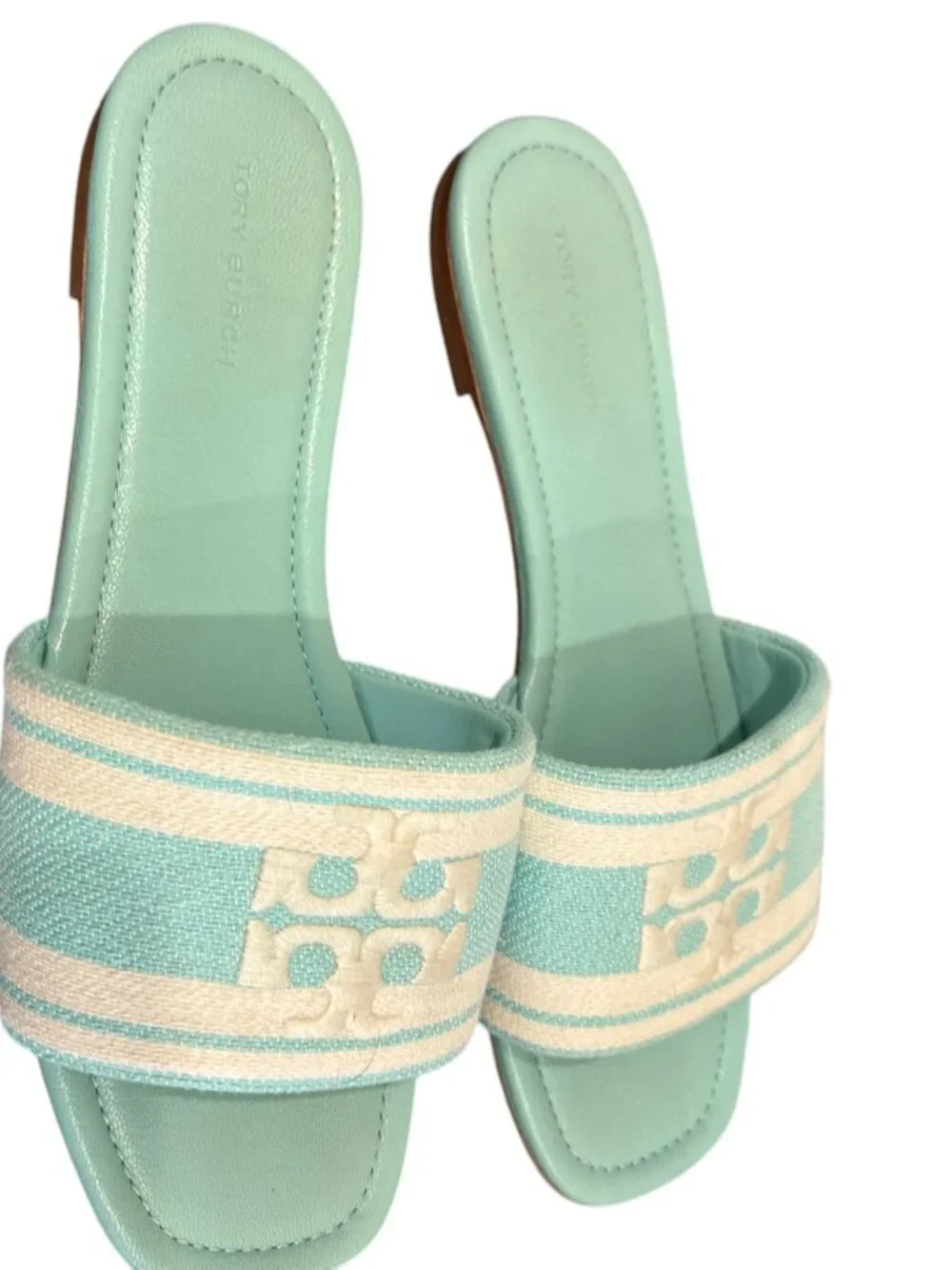 Tory Burch Teal Turquoise Jacquard Sandals Slides 7.5